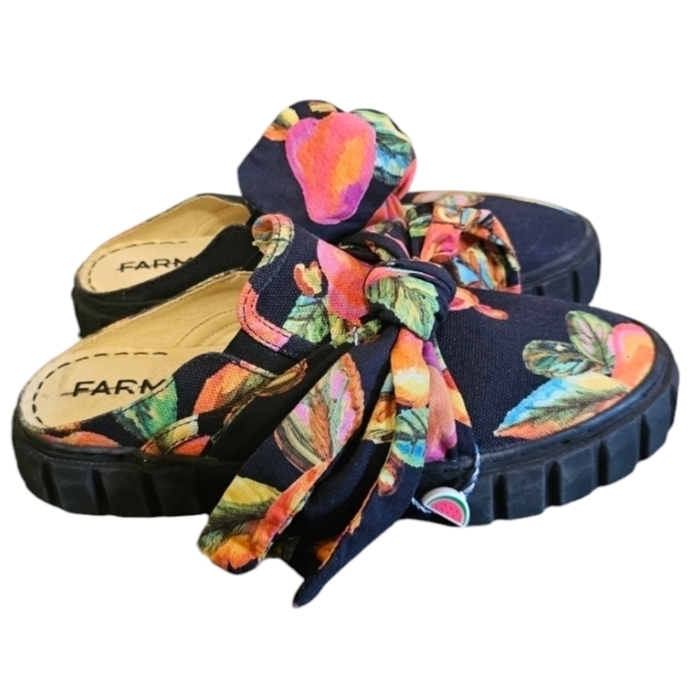 NWOT FARM Rio Cashew Platform Chucky Mule Slides Fruit Print Bow Tie Shoes